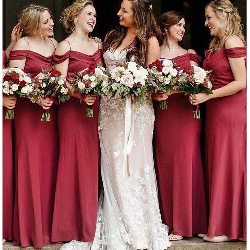 Off Shoulder Spaghetti Straps Red Long Bridesmaid Dresses Online, Cheap Bridesmaids Dresses, WG742