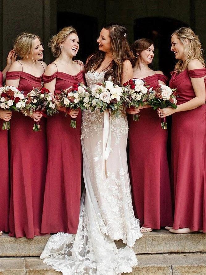 Off Shoulder Spaghetti Straps Red Long Bridesmaid Dresses Online, Cheap Bridesmaids Dresses, WG742