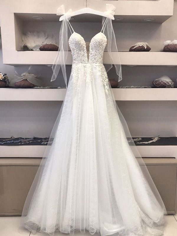 Off White A-line Spaghetti Straps V-neck Handmade Lace Wedding Dresses,WD783