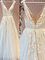 Off White A-line Straps V-neck Handmade Lace Wedding Dresses Online,WD782