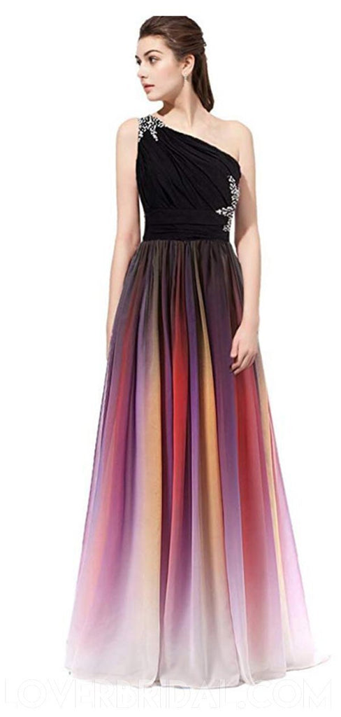 One Shoulder Beaded Chiffon Ombre Long Evening Prom Dresses, Cheap Sweet 16 Dresses, 18399