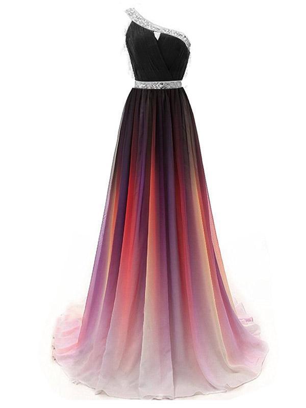One Shoulder Ombre Beaded Long Evening Prom Dresses, Cheap Sweet 16 Dresses, 18355