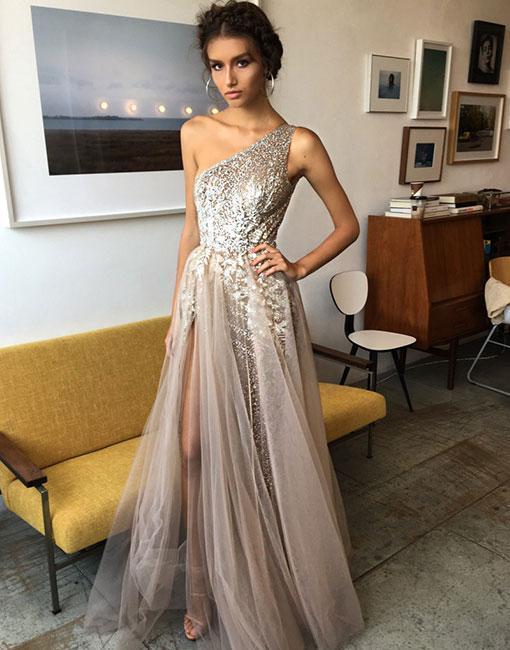 One Shoulder Sexy Side Slit Heavily Beaded Long Evening Prom Dresses, Popular Cheap Long Party Prom Dresses, 17270