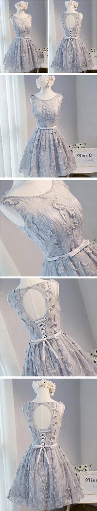 Open Back Gray Lace Scoop Neckline Homecoming Prom Dresses, Affordable Short Party Prom Dresses, Perfect Homecoming Dresses, CM274