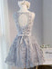 Open Back Gray Lace Scoop Neckline Homecoming Prom Dresses, Affordable Short Party Prom Dresses, Perfect Homecoming Dresses, CM274