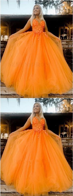 Orange A-line Spaghetti Straps V-neck Long Prom Dresses Online, Dance Dresses,12417