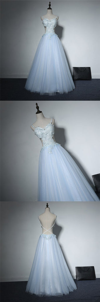 Pale Blue Sexy Cross Back Lace Beaded Evening Prom Dresses, Popular Lace Party Prom Dresses, Custom Long Prom Dresses, Cheap Formal Prom Dresses, 17179