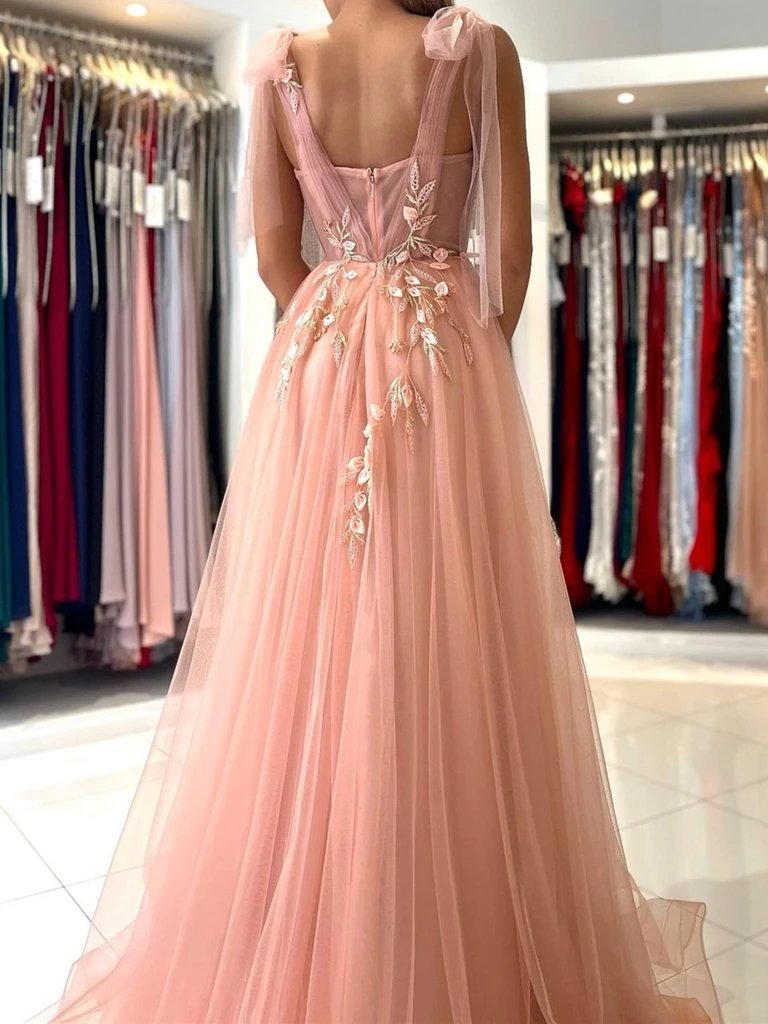 Peach Pink A-line High Slit See Through Long Prom Dresses Online,Dance Dresses,12479