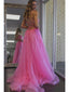 Pink A-line Spaghetti Straps Backless Cheap Long Prom Dresses,12702
