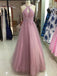 Pink Lace Applique A-line Long Evening Prom Dresses, Cheap Sweet 16 Dresses, 18306
