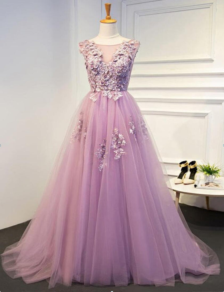 Pink Lace Beaded A line Tulle Evening Prom Dresses, Cheap Party Prom Dresses, Custom Long Prom Dresses, Cheap Formal Prom Dresses, 17142