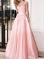 Pink Lace Illusion Cap Sleeve A-line Long Evening Prom Dresses, 17679