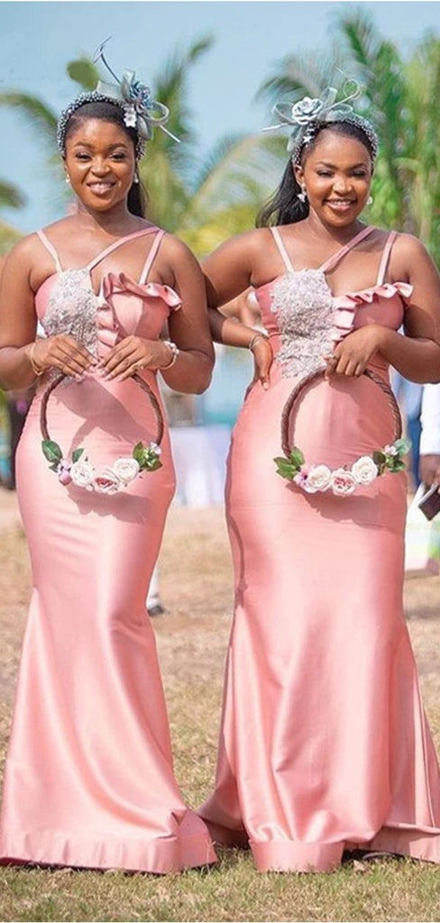 Pink Mermaid Spaghetti Straps Lace Applique Long Bridesmaid Dresses Online,WG1001