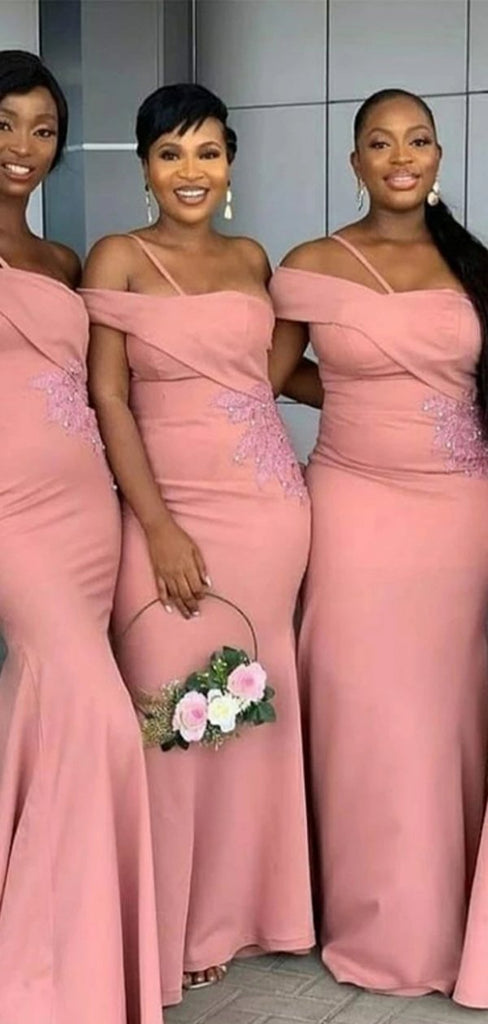 Pink One shoulder Mermaid Lace Applique Long Bridesmaid Dresses Gown Online,WG923