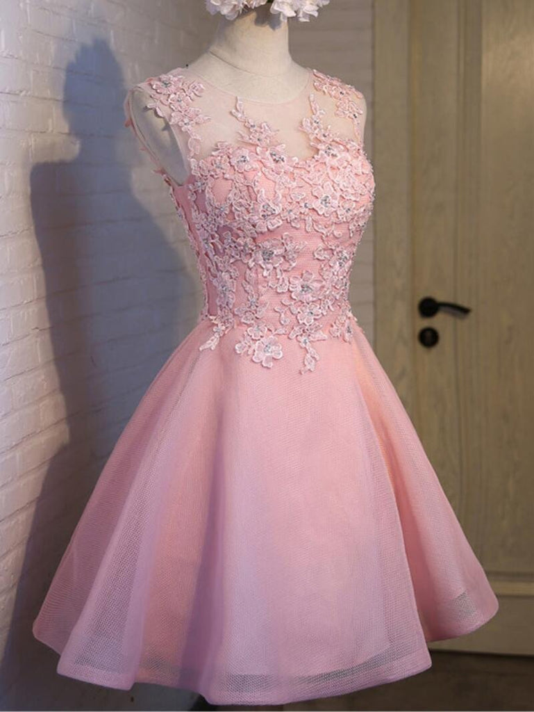Pink See Through Lace Cute Homecoming Prom Dresses, Affordable Short Party Prom Dresses, Perfect Homecoming Dresses, CM308