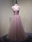 Pink See Through V Neck A-line Tulle Long Evening Prom Dresses, 17616
