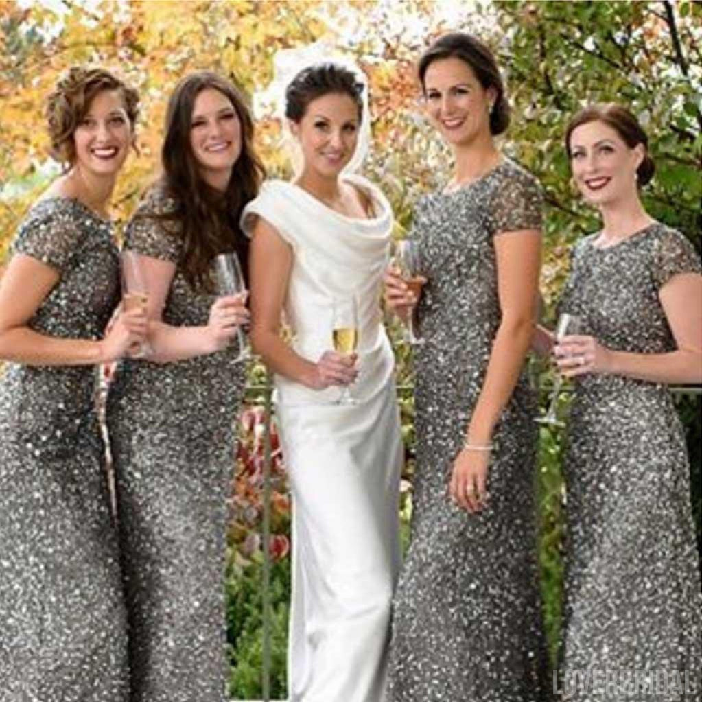 Popular Cheap Cap Sleeve Silver Sequin Sexy Mermaid Small Round Neck Long Bridesmaid Dresses, WG90
