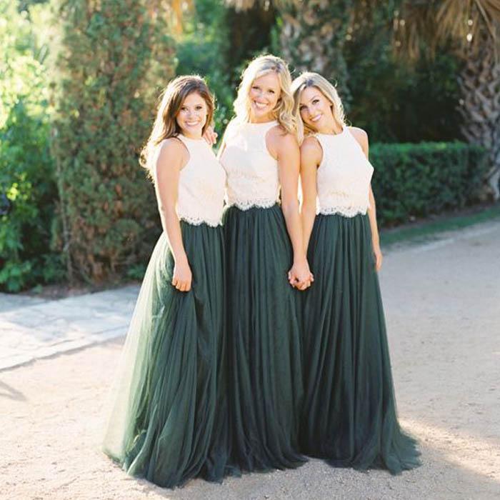 Popular Lace Bodice Green Tulle Skirt A Line Custom Bridesmaid Dresses, Cheap Unique Tulle Long Bridesmaid Gown, BD122
