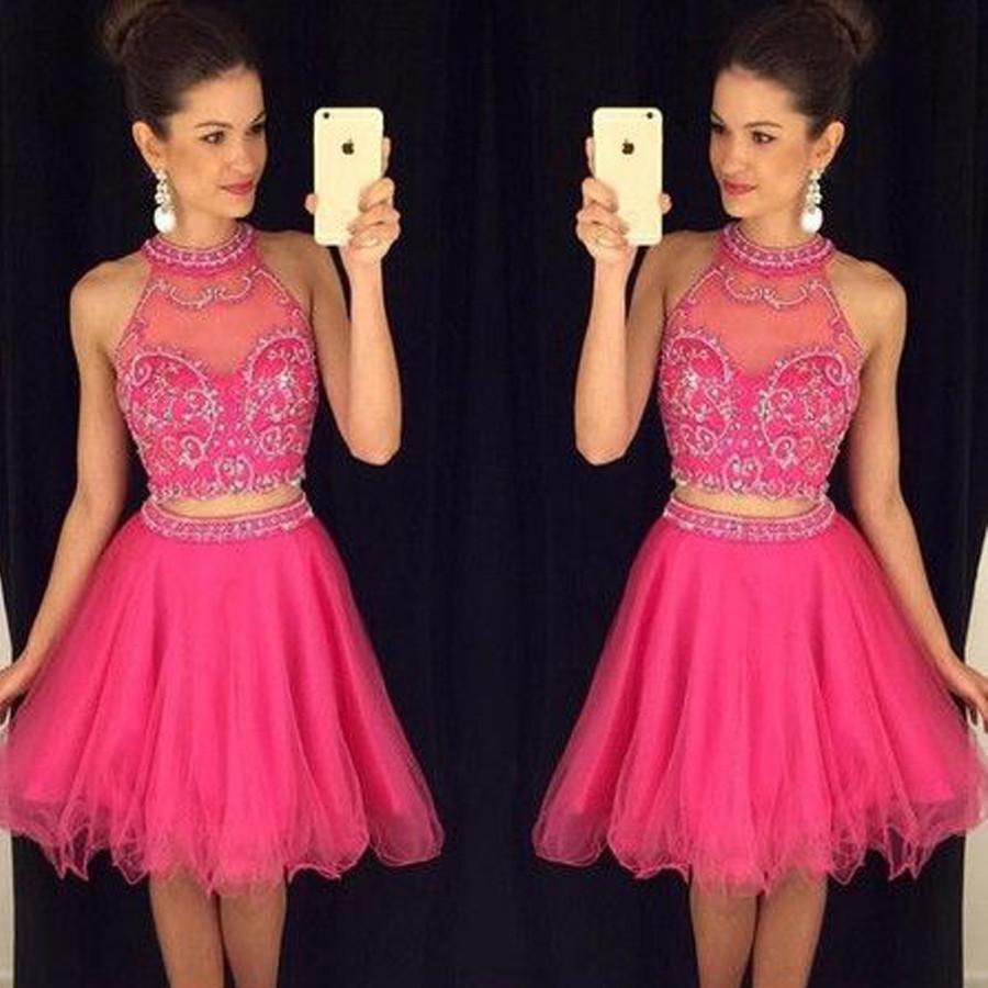 Popular rose red two pieces sparkly Crop Tops freshman for teens homecoming prom gown dress,BD00124