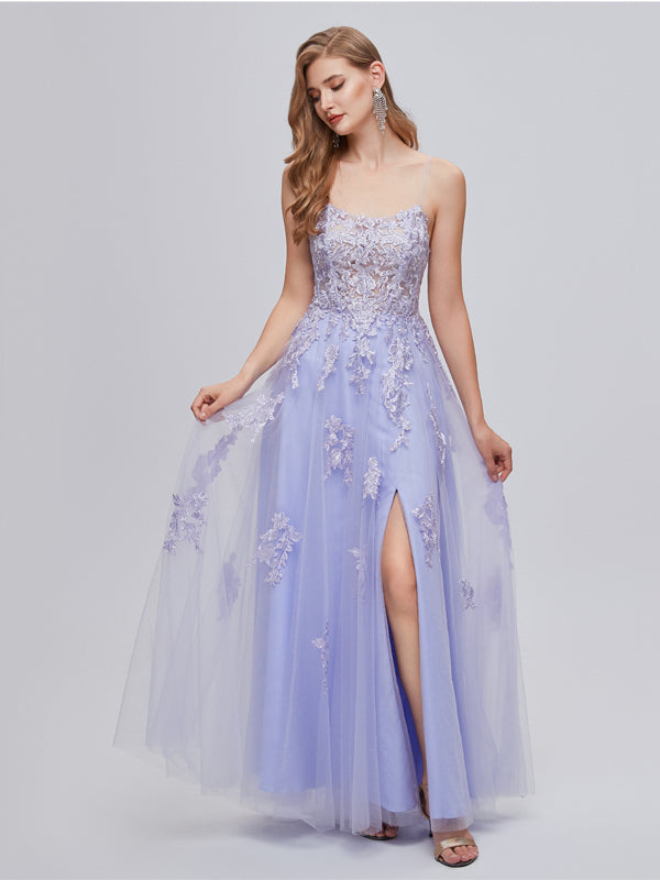 Purple A-line Spaghetti Straps Side Slit Cheap Long Prom Dresses,12793