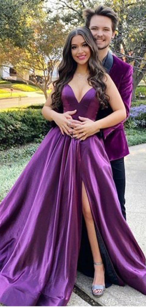 Purple A-line Spaghetti Straps V-neck High Slit Long Party Prom Dresses,Cheap Prom Dresses,12358