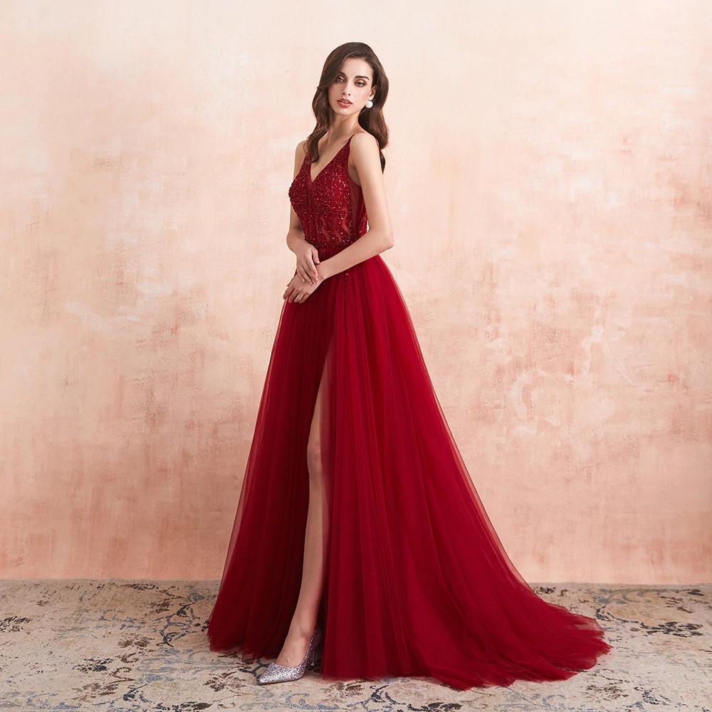 Red A-line High Slit Straps Party Prom Dresses, Dance Dresses 2021,Prom Dresses Stores,12339