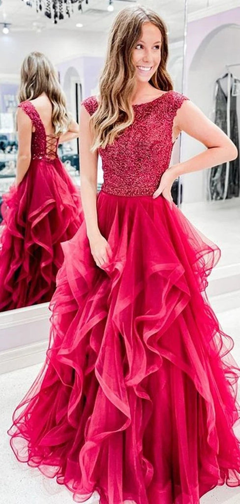 Red A-line Jewel Backless Long Prom Dresses Online,Dance Dresses,12474