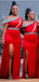 Red Mermaid One Shoulder High Slit Long Bridesmaid Dresses Online,WG1064