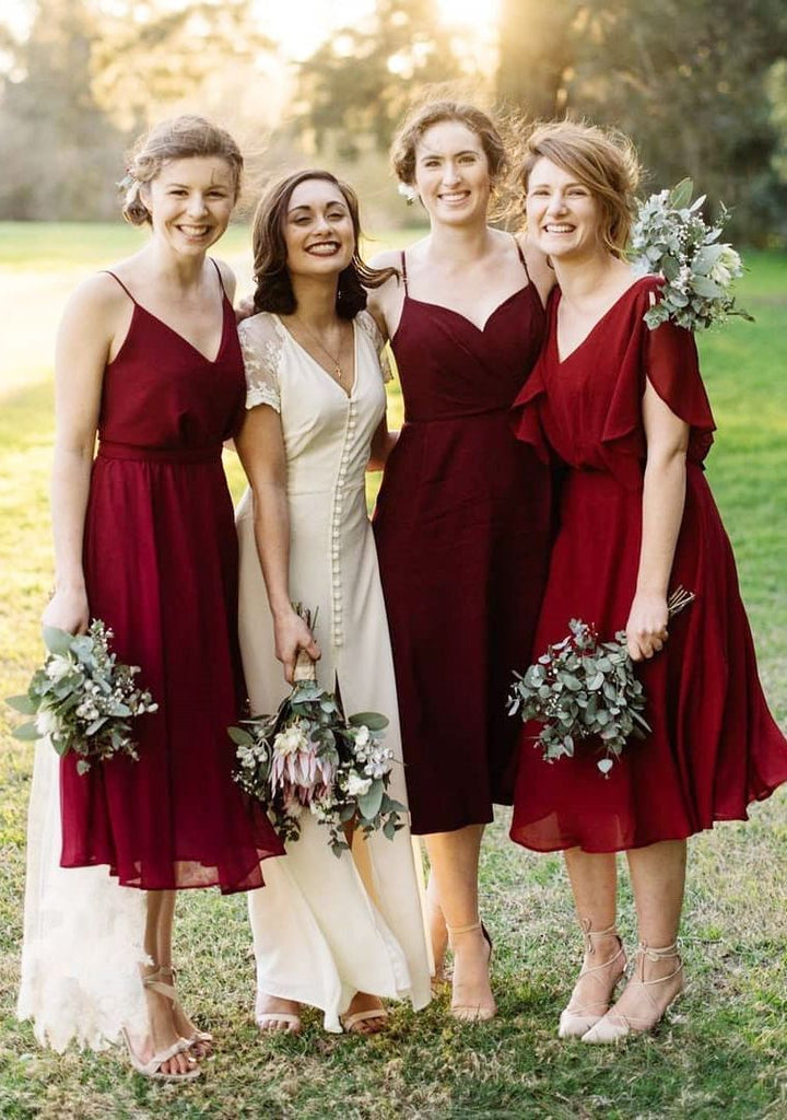 Red Wine Mismatched Short Chiffon Cheap Bridesmaid Dresses Online, WG311