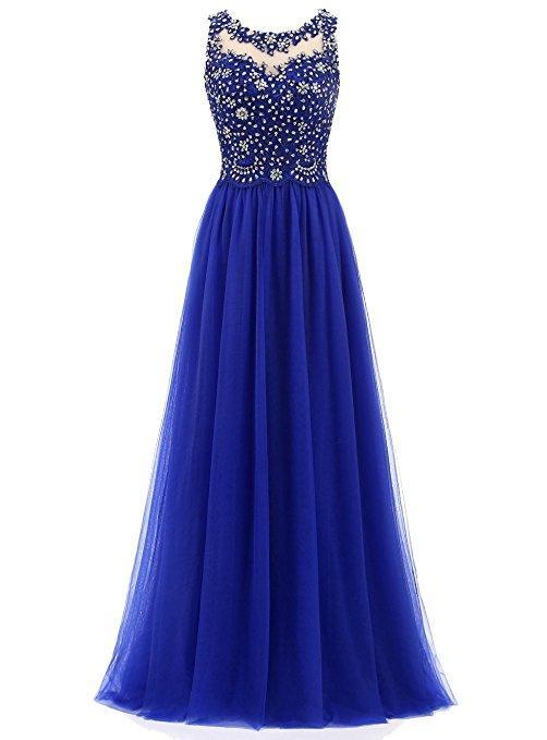 Royal Blue Lace Beaded See Through Chiffon Long Evening Prom Dresses, 17530