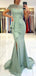 Sage Mermaid Short Sleeves Jewel Side Slit Cheap Long Prom Dresses,12682