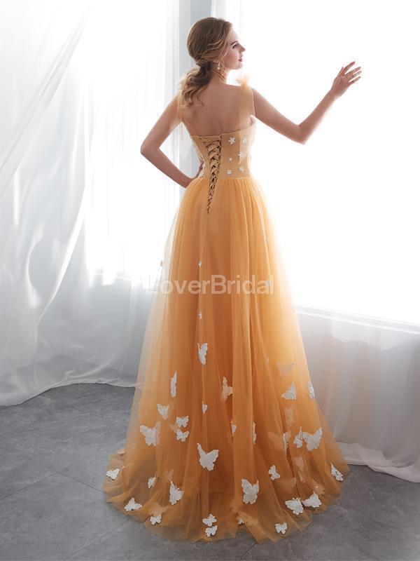 Scoop Butter Fly Orange A-line Tulle Evening Prom Dresses, Evening Party Prom Dresses, 12025
