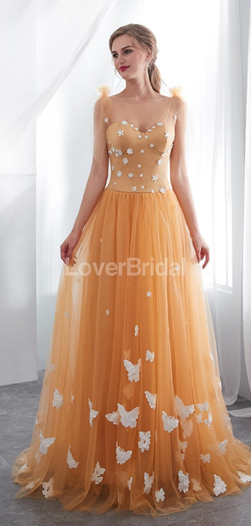 Scoop Butter Fly Orange A-line Tulle Evening Prom Dresses, Evening Party Prom Dresses, 12025