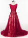 Scoop Cap Sleeves Red Lace Beaded Long Evening Prom Dresses, Cheap Custom Sweet 16 Dresses, 18524