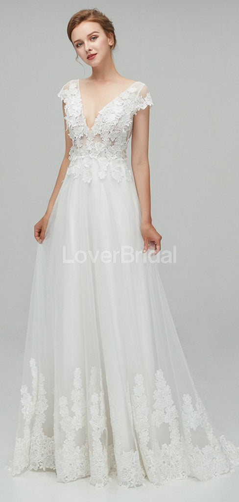 See Through Backless Cap Sleeves Cheap Wedding Dresses Online, Unique Bridal Dresses, WD562