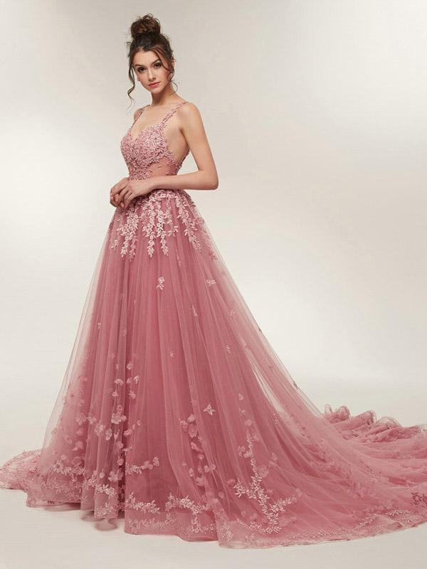 See Through Dusty Pink Lace A-line Long Evening Prom Dresses, Cheap Sweet 16 Dresses, 18354