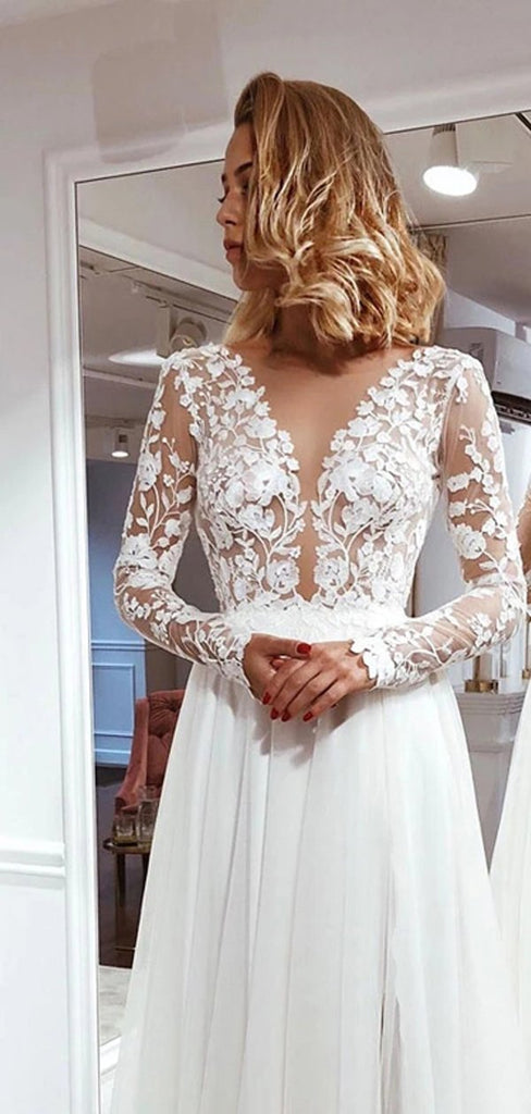 See Through Long Sleeves A-line V-neck Lace Wedding Dresses,WD768