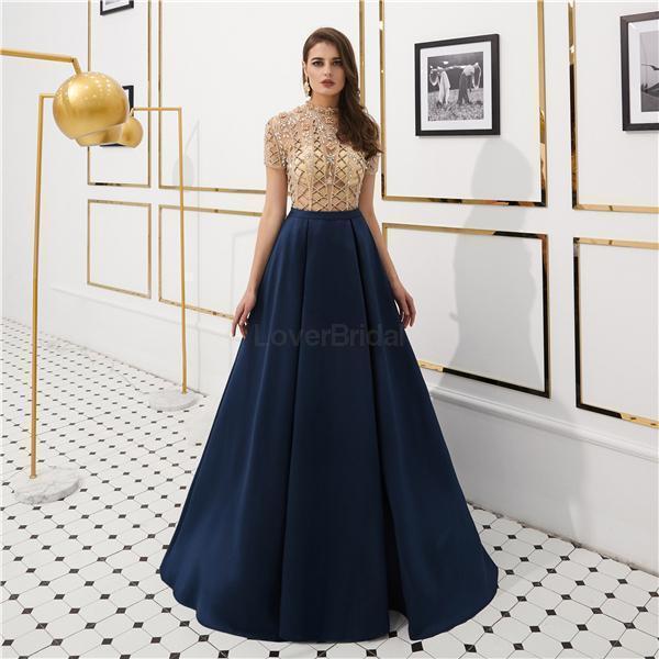 See Through Short Sleeves High Neck Beaded Evening Prom Dresses, Evening Party Prom Dresses, 12080