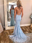 Sexy Backless Blue Lace Mermaid Scoop Long Evening Prom Dresses, Cheap Sweet 16 Dresses, 18380