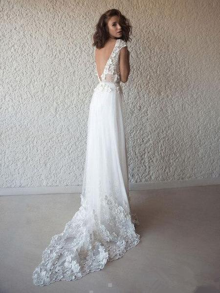 Sexy Backless Cap Sleeves Long Wedding Dresses Online, Cheap Bridal Dresses, WD540
