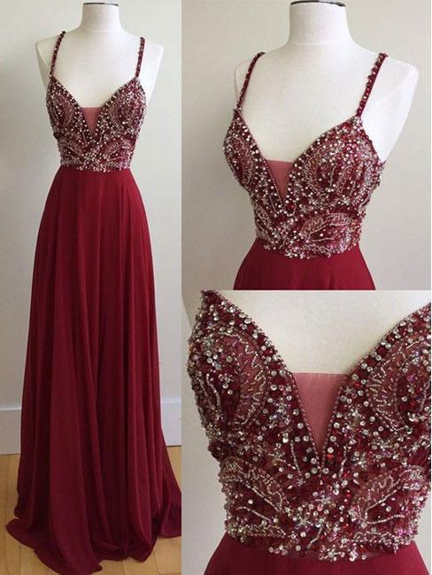 Sexy Backless Dark Red Deep V Neckline Heavily Beaded A line Long Evening Prom Dresses, Popular Cheap Long Party Prom Dresses, 17262