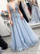 Sexy Backless Deep V Neck Dusty Blue Lace Long Evening Prom Dresses, Cheap Sweet 16 Dresses, 18438