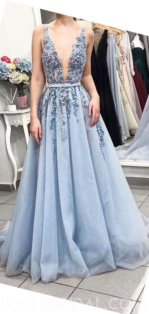 Sexy Backless Deep V Neck Dusty Blue Lace Long Evening Prom Dresses, Cheap Sweet 16 Dresses, 18438