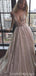 Sexy Backless Deep V Neck Sparkly A-line Long Evening Prom Dresses, Cheap Custom Sweet 16 Dresses, 18563