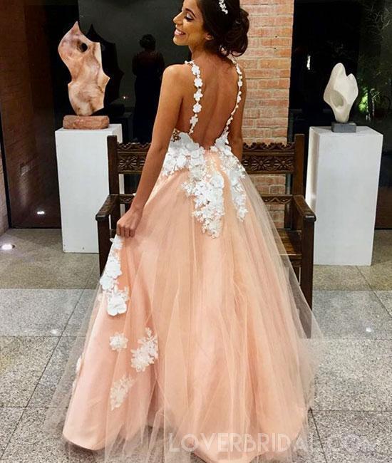 Sexy Backless Lace Applique Peach Long Evening Prom Dresses, Cheap Sweet 16 Dresses, 18422