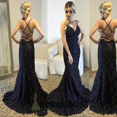 Sexy Backless Navy Lace Mermaid Long Evening Prom Dresses, 17698
