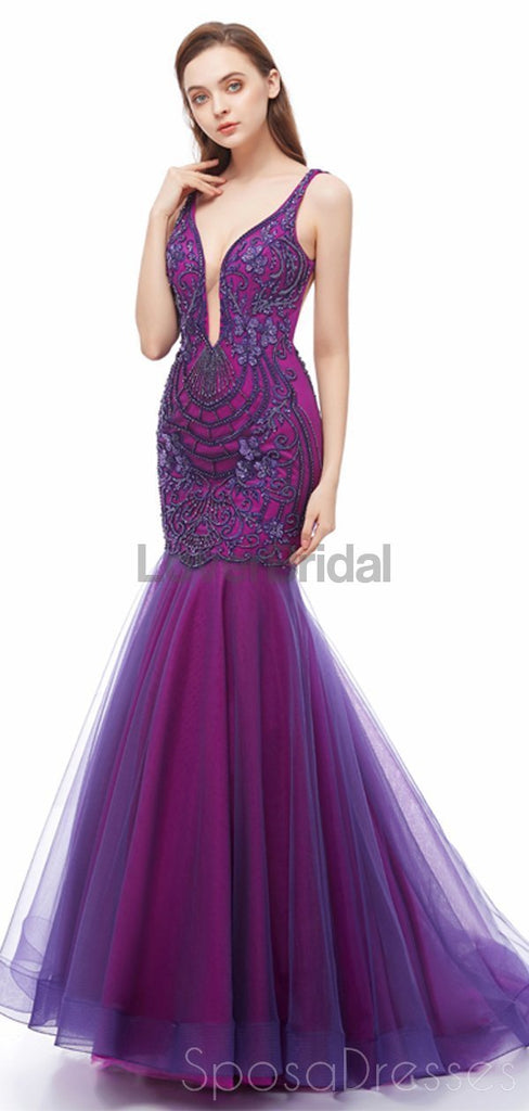 Sexy Backless Purple V Neck Mermaid Evening Prom Dresses, Evening Party Prom Dresses, 12107