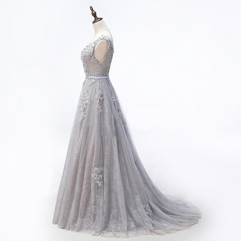 Sexy Backless Scoop Neckline Gray Lace Beaded Evening Prom Dresses, Popular Lace Party Prom Dresses, Custom Long Prom Dresses, Cheap Formal Prom Dresses, 17177