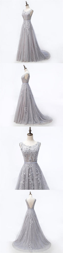 Sexy Backless Scoop Neckline Gray Lace Beaded Evening Prom Dresses, Popular Lace Party Prom Dresses, Custom Long Prom Dresses, Cheap Formal Prom Dresses, 17177