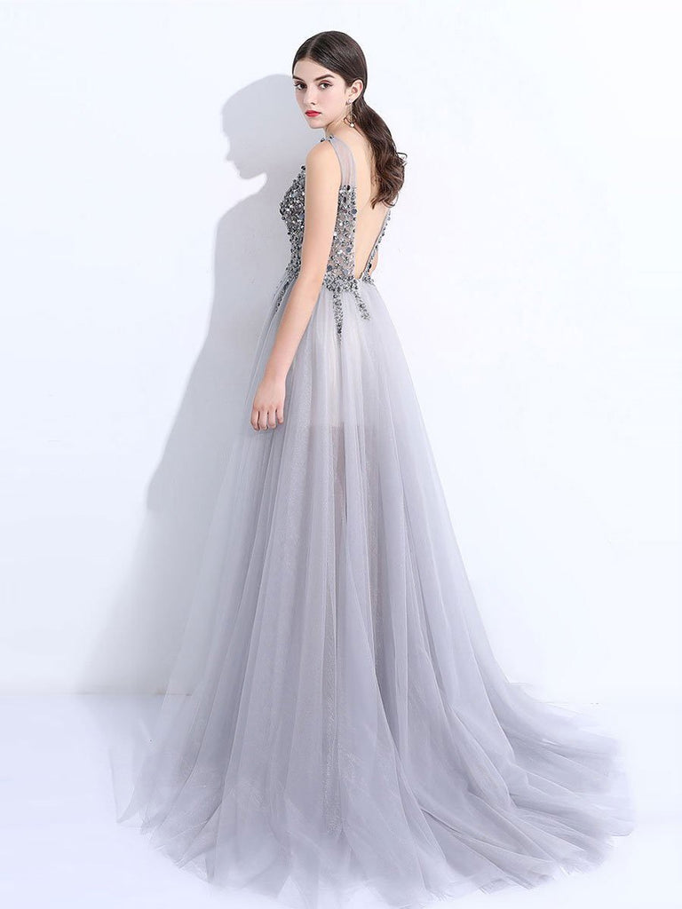 Sexy Backless See Through A line Beaded Gray Long Evening Prom Dresses, Popular Cheap Long Party Prom Dresses, 17265